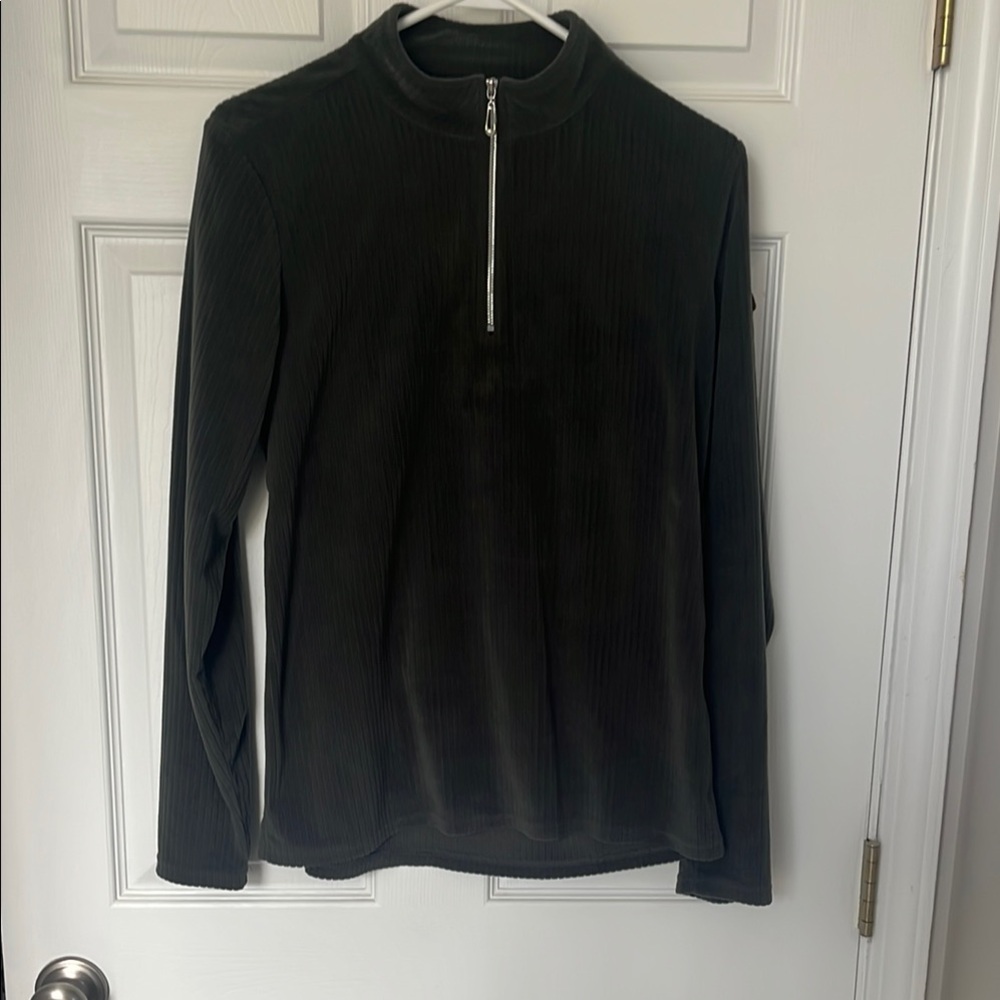 Green Plush Ribbed Quarter-zip Long Sleeve Top
